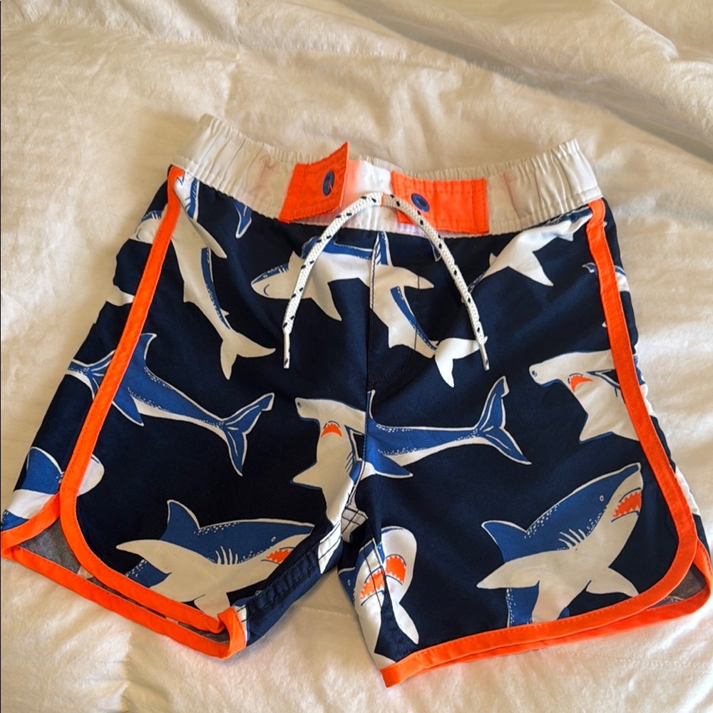 Kids Shark Print Swim Trunks - Blue and Orange